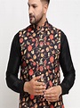 Buy Benstoke Men Black & Pink Floral Printed Woven Nehru Jacket - Nehru ...