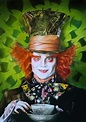 a painting of a man with red hair and makeup wearing a top hat holding ...