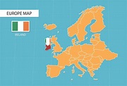 Ireland map in Europe, icons showing Ireland location and flags ...
