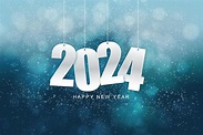 Happy new year 2024. Hanging white paper number with confetti on a ...