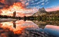 Landscape sunset Reflection Cathedral Lake Yosemite National Park ...