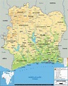 Grande físico mapa de Costa de Marfil con carreteras, ciudades y ...