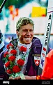 Pirmin Zurbriggen of Switzerland (C) wins the gold medal in the ...