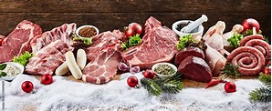 Panoramic view of variety of meat in winter Stock-Foto | Adobe Stock