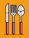 Diseño de icono de cuchara y tenedor de cuchillo kawaii | Vector Premium