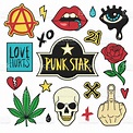 Vector illustration of color punk symbols and icons, such as skull ...
