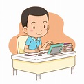 Ilustración de dibujos animados de un niño estudiando en línea desde ...