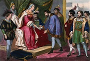 Christopher Columbus receiving from Queen Isabella of Spain his ...