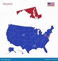 El Estado De Maryland Se Resalta En Rojo. Mapa Vectorial De Los Estados ...