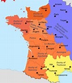 a map of france with all the major cities and towns in red, yellow ...