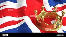 Monarchy of the United Kingdom. Golden crown on UK flag background. 3d ...