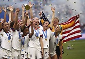 United States' Megan Rapinoe holds the trophy celebrating at the end of ...