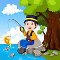 Dibujos De Un Pescador - Niño de dibujos animados de pesca | Vector Premium