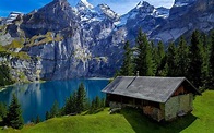 Lake Oeschinen, Switzerland, mountain, house, cottage, nature, trees ...