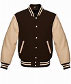 Men's Brown Varsity Jacket with Cream Leather Sleeves - Jackets Creator