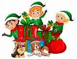 Elfos navideños y perros lindos en tema navideño. | Vector Gratis