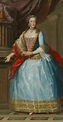 a painting of a woman in a blue dress with red and gold trimmings