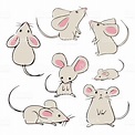 Cute hand-drawn mouses with different poses on white background ...