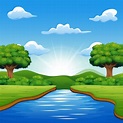 Dibujos animados del río en el medio hermoso paisaje natural | Vector ...
