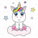 Cute Cartoon Unicorn sitting on a cloud | Ilustración de unicornio ...