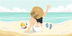 Beach cartoon scene, woman sitting on sand beach with beach ball and sandals, Vector ...