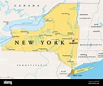 New York State (NYS), political map, with capital Albany, borders, important cities, rivers and ...