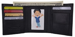 Genuine Leather Kids Slim Compact ID and Coin Pocket Trifold Boys Black ...