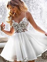 A Line V Neck Short White Lace Prom Dresses, Short White Lace Formal H ...