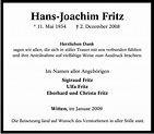 Traueranzeigen von Hans-Joachim Fritz | Trauer-in-NRW.de