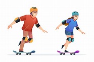 Conjunto de ilustración de dibujos animados de skateboarding de niño y ...