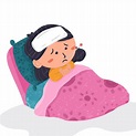 Ilustración de dibujos animados lindo de niño con fiebre en la cama ...