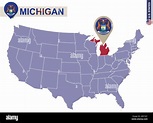 Michigan State on USA Map. Flagge und Karte von Michigan. US ...