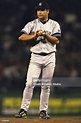 New York Yankees Hideki Irabu on mound during Game 3 vs Boston Red ...