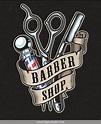 Old school style colorful Barber Shop emblem with scissors, a blade, a ...