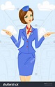 Cute Cheerful Female Flight Attendant In Blue And Red Uniform ...