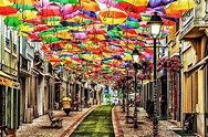 Colorful Umbrellas Float Above the Streets of Agueda, Portugal