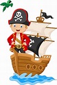 Pequeño pirata de dibujos animados en su barco | Vector Premium