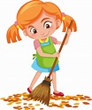 Girl sweep the leaves on the floor 7190697 Vector Art at Vecteezy