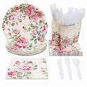 Serves 24 Vintage Floral Rose Tea Party Supplies, 144PCS Plates Napkins ...