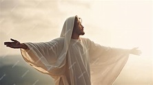 Jesucristo resucitado alcanzando con los brazos abiertos en el cielo ...