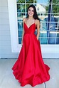 Elegant V Neck Straps Red Long Prom Dress with Pockets | Prom dresses ...