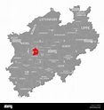 Essen red highlighted in map of North Rhine Westphalia DE Stock Photo ...