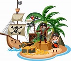 Pirate ship on island with pirates cartoon character isolated on white ...