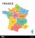 France, political map with multicolored regions of Metropolitan France ...