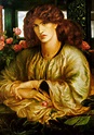 a painting of a woman with red hair sitting in front of flowers and greenery