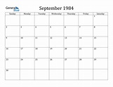 September 1984 Calendar (PDF Word Excel)