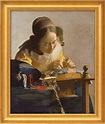 Bild "Die Spitzenklöpplerin" (1669-70), gerahmt von Jan Vermeer van ...