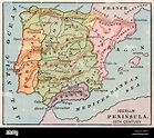 Map of the Iberian Peninsula in the 1400s. Color lithograph Stock Photo ...
