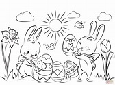 Cute Bunnies with Easter Eggs coloring page | Free Printable Coloring Pages