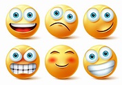 Emojis and emoticons face vector set. Emoji cute faces in happy, angry ...